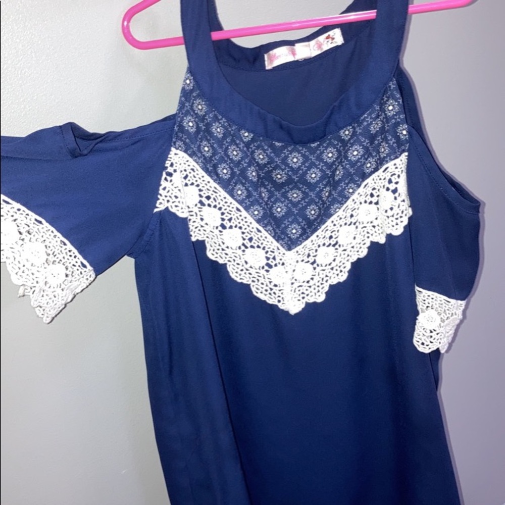 Blue off the shoulder top, kids size 14